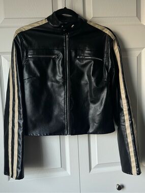 Black cropped faux leather jacket